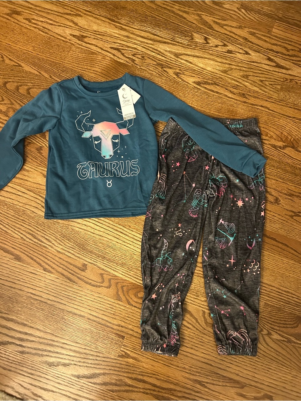 NWT- Girls Justice Teal Taurus Pajama Set with Charcoal Star Pants